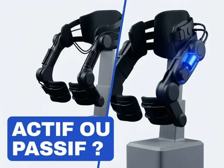 Exosquelette actif ou passif : à gauche un modèle à ressorts, à droite un modèle motorisé avec un moteur éclairé en bleu