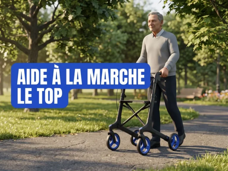Aide à la marche, le top : homme âgé marchant dans un parc avec un déambulateur à roues