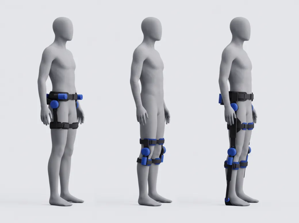 Trois mannequins portant un exosquelette de hanche, un exosquelette de genou et un exosquelette de jambe entière