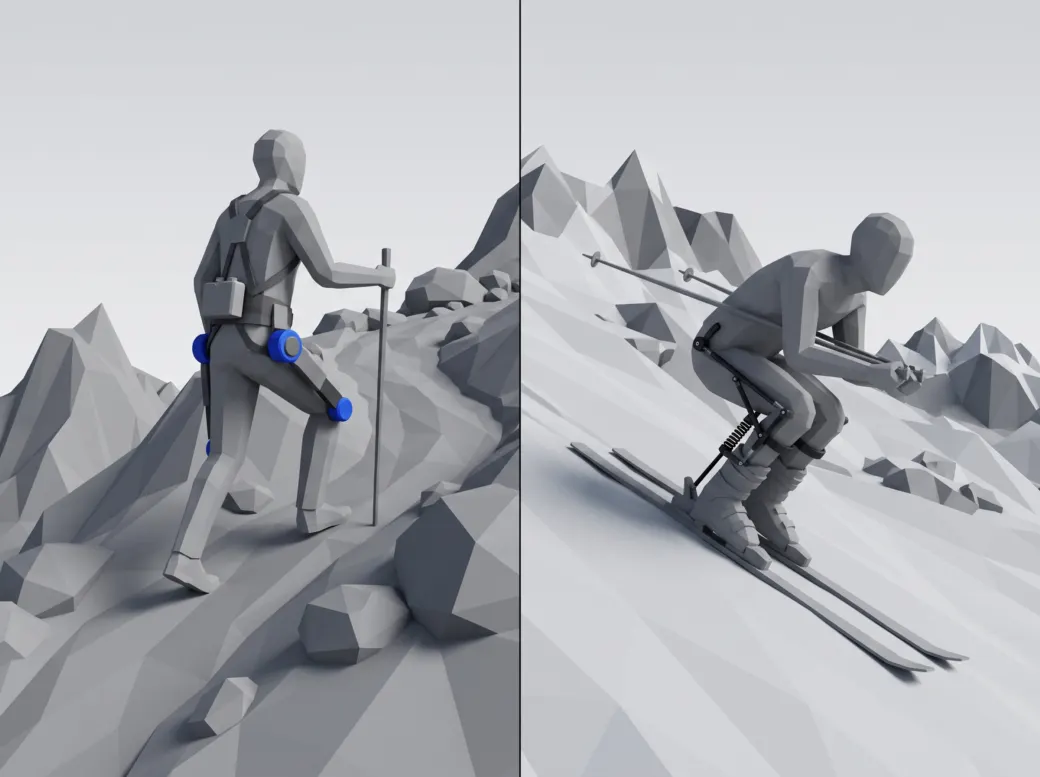 Randonneur en montée avec un exosquelette motorisé à la hanche, à côté d’un skieur équipé d’un exosquelette passif à ressorts