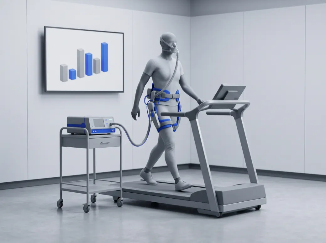 Volontaire marchant sur tapis roulant avec un exosquelette de hanche et un masque qui mesure sa dépense d’énergie