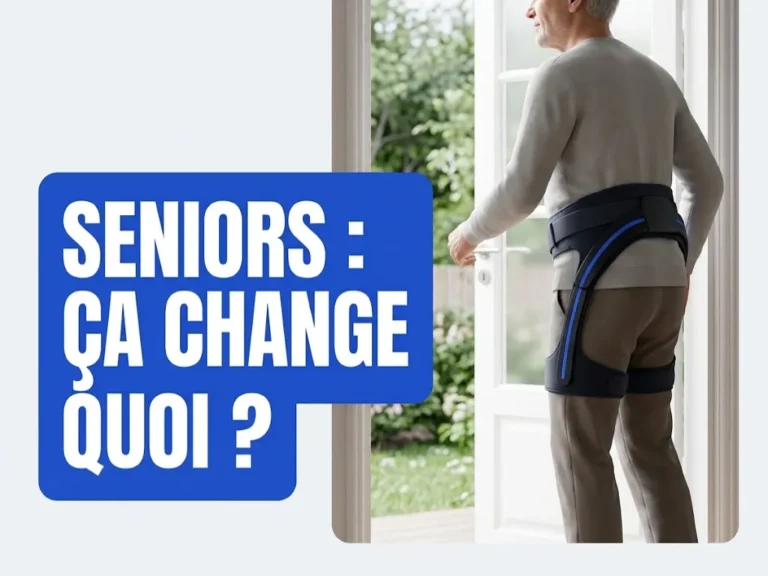 Exosquelette pour seniors, ça change quoi : homme âgé debout sur le seuil d'une porte ouverte sur un jardin, avec un exosquelette de hanche léger