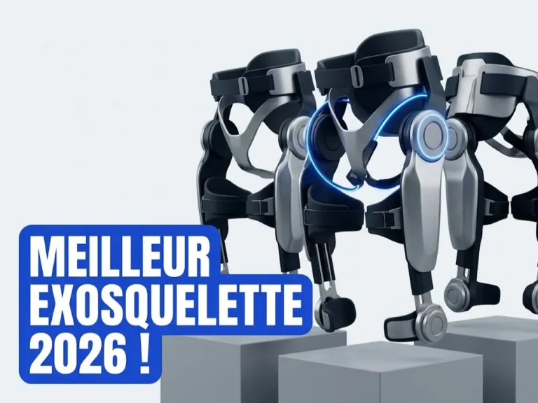 Meilleur exosquelette 2026 : trois exosquelettes de hanche sur un podium, celui du centre mis en avant