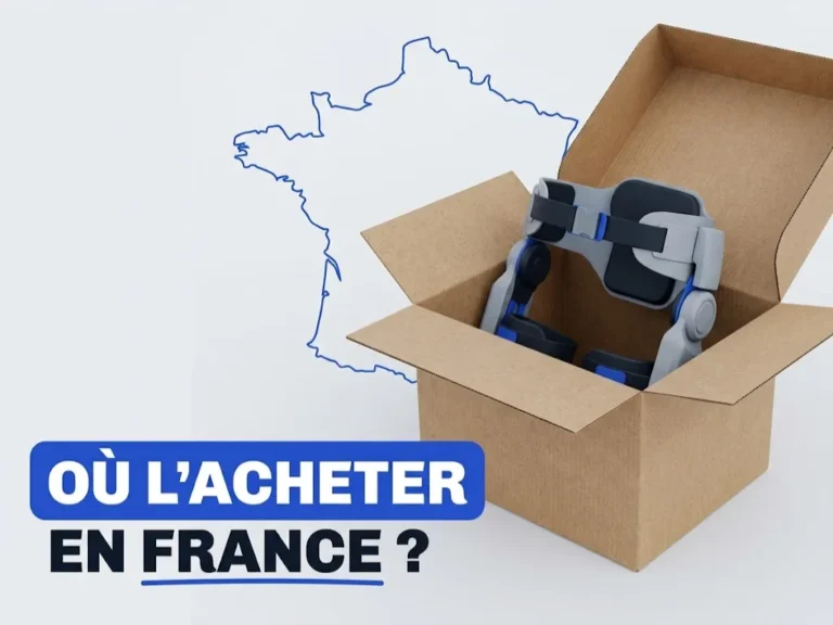Où acheter un exosquelette en France : exosquelette de hanche dans un carton ouvert devant un contour de la France