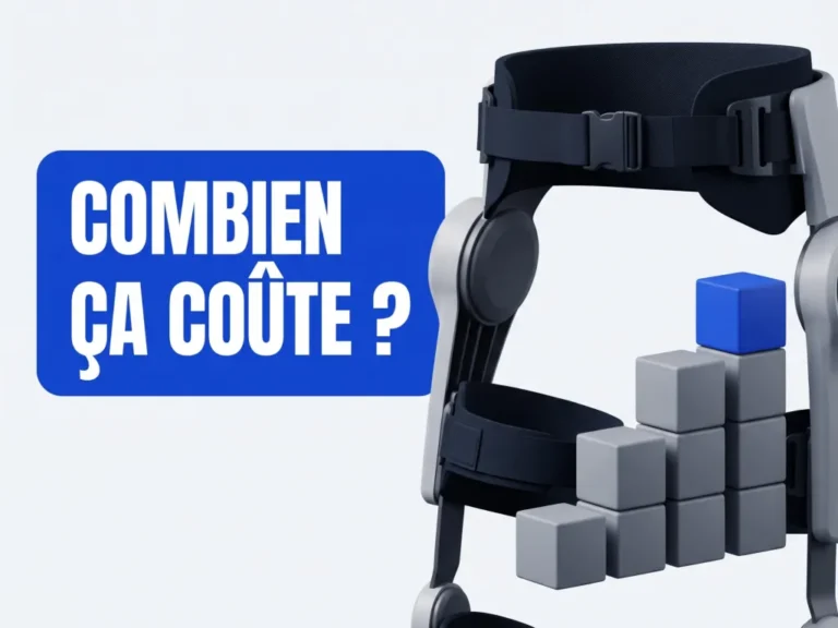 Combien coûte un exosquelette : exosquelette de hanche à côté de cubes empilés en escalier, le plus haut en bleu