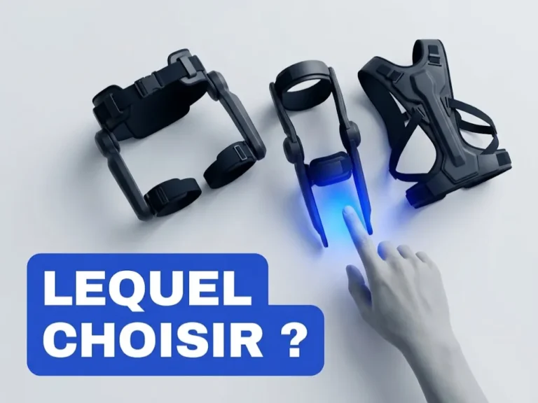 Quel exosquelette choisir : trois types posés à plat, hanche, genou et dos, une main désigne celui du milieu