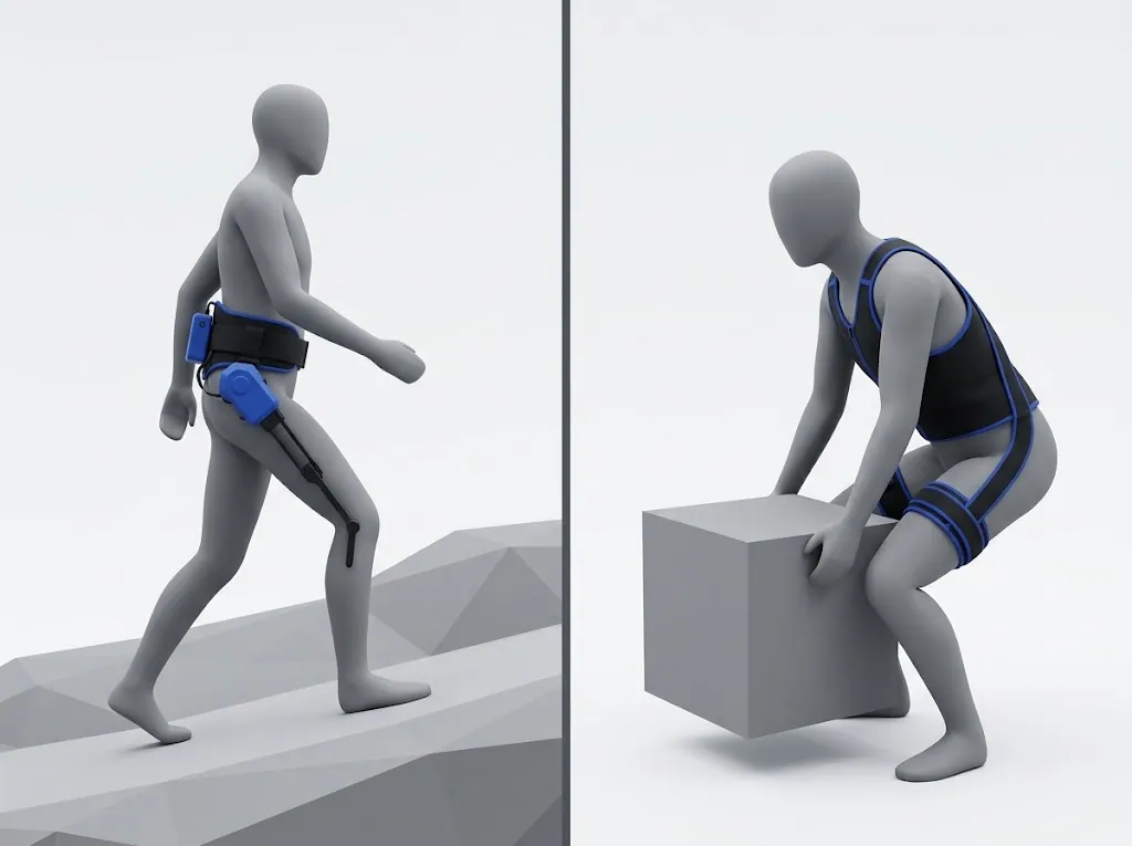 À gauche, un marcheur avec un exosquelette de hanche motorisé ; à droite, une personne qui soulève un carton avec un gilet de dos à élastiques