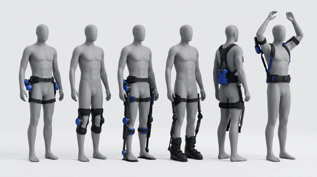 Six mannequins équipés chacun d’un type d’exosquelette : hanche, genou, jambe entière, ski, dos et épaules