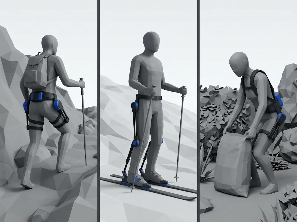 Trois usages d’un exosquelette : un randonneur en montée, un skieur sur la piste, un jardinier qui soulève un sac de terreau